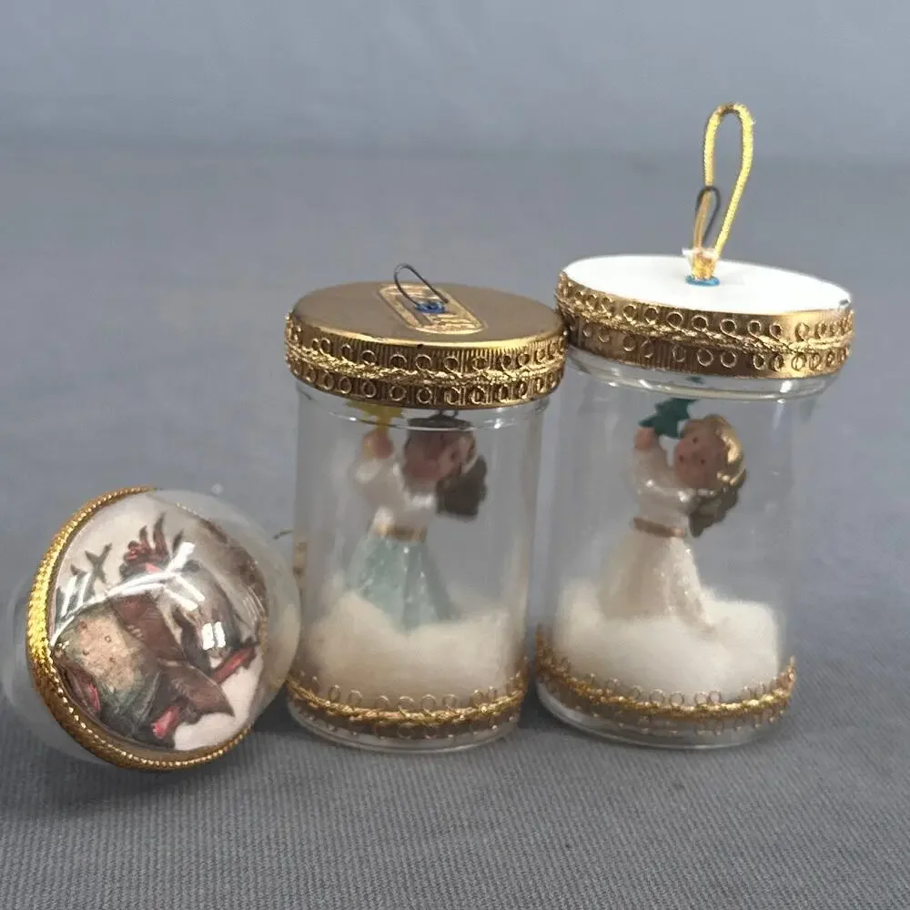VTG Handmade Baby Angel Pill Bottle Ornament Set 3 Plastic Diorama Gold Trim 50s